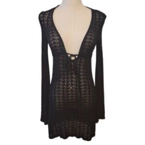 Tommy Bahama navy blue open crochet knit front tie swim cover up Dress Size XS